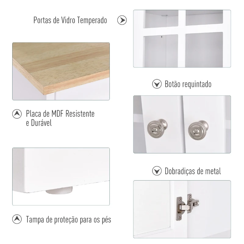 HOMCOM Armário de Cozinha com Prateleiras e Portas de Vidro  para Pequenos Eletrodomésticos e Louças 80x37x183cm Branco