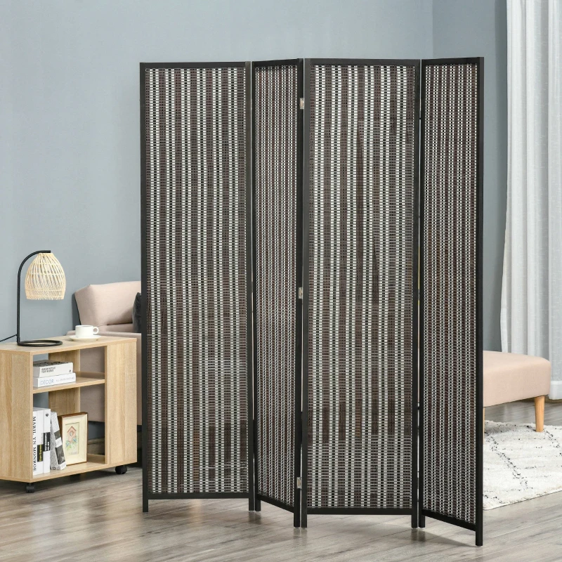 HOMCOM Biombo de 4 Painéis de Bambú Separador de Ambientes Dobrável Divisória para Espaços 180x180cm Marrom e Preto