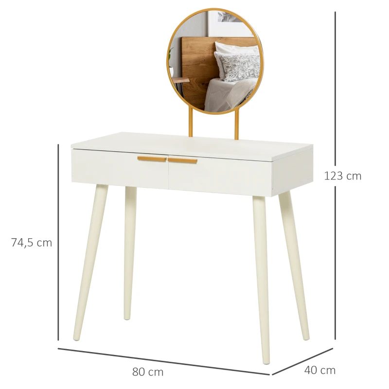 HOMCOM Toucador com Espelho Redondo Mesa de Maquilhagem com 2 Gavetas Estilo Moderno para Dormitório 80x40x123cm Branco