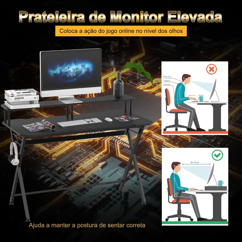 HOMCOM Mesa gaming para jogos secretária com suporte para monitor e fones de ouvido 140x60x90 cm Preto