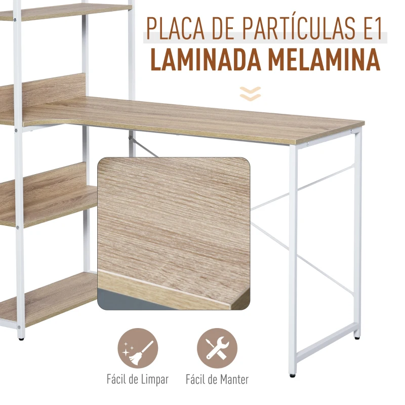 HOMCOM Secretária multifuncional estilo industrial vintage com 4 prateleiras  120x70x120 cm Carvalho branco