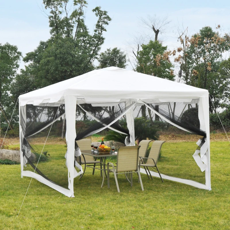 Outsunny Tenda de Jardim 395x295 cm com Redes Mosquiteiras Duplo Teto e Portas com Zíper para Exterior Branco e Preto