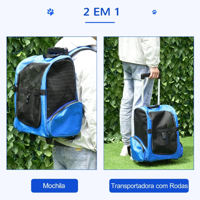 PawHut Transportadora para Animais de Estimação 2 em 1 Mochila de Viagem com 2 Rodas para Cães Gatos com Alça Retrátil de Alumínio e Bolso de Armazenamento 42x25x55cm Azul