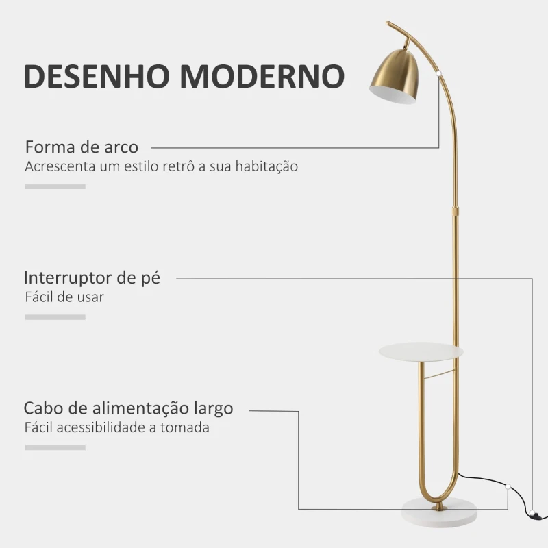 HOMCOM Candeeiro de Pé Vintage com Mesa Auxiliar Suporte para Lâmpada E27 Máx. 40W e Interruptor de Pé para Sala de Estar Dormitório Estúdio 30x44x177cm Dourado