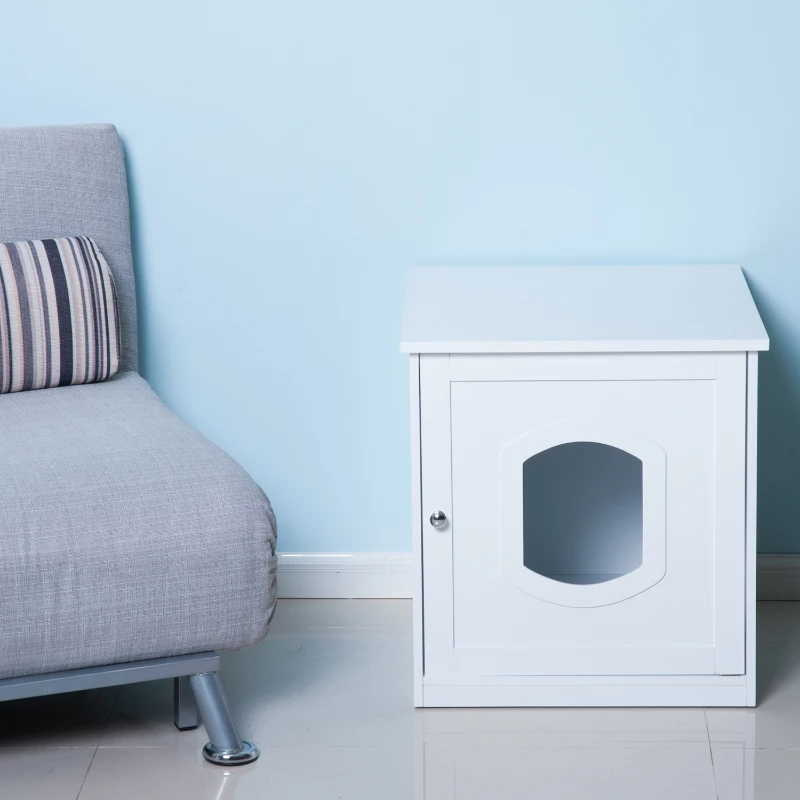 PawHut Casa para Gatos com Desenho 2 em 1 Casa para Animais de Estimação e Caixa de Areia com Porta com Fechadura Magnética 51x48x51cm Branco