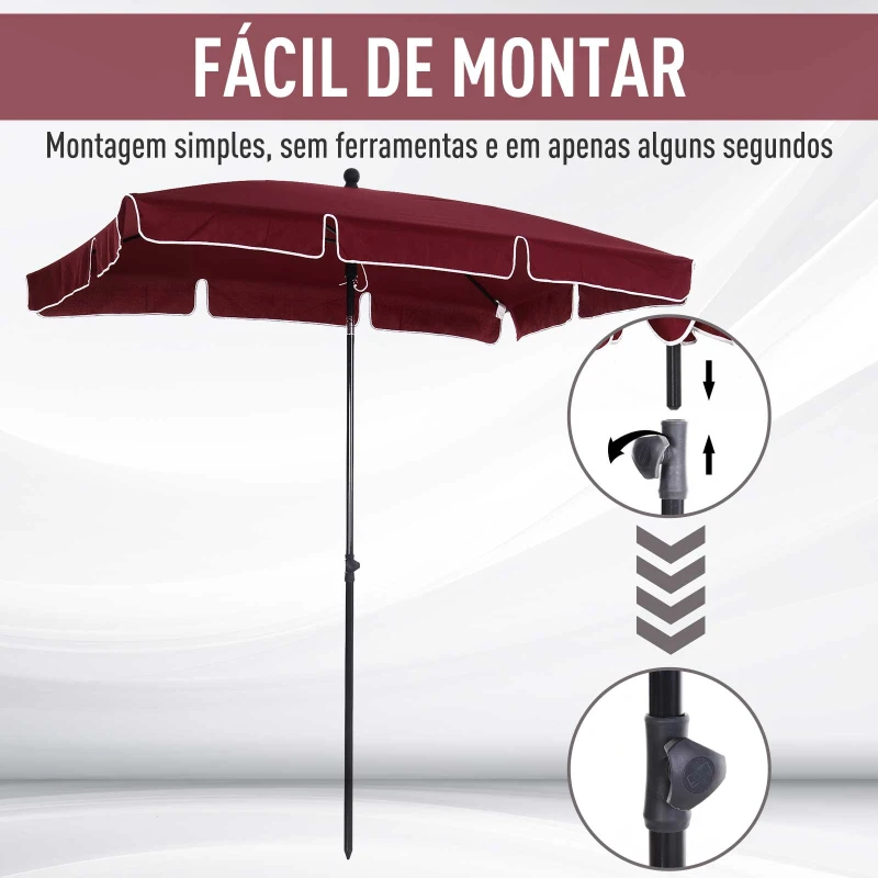 Outsunny Chapéu de Sol Retangular de Jardim 198x130x240cm Chapéu de Sol de Alumínio com Função de Inclinação para Terraço Pátio Exterior Vinho