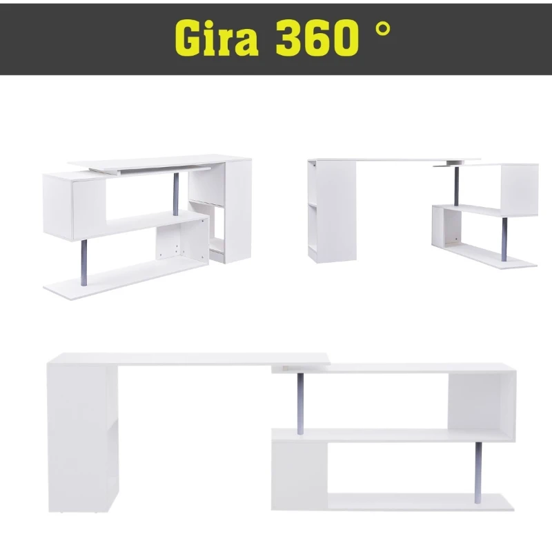 HOMCOM Secretária Mesa de Escritório Branco de Canto com Rotação 360° Multiformes 2 Prateleiras Estante Branca