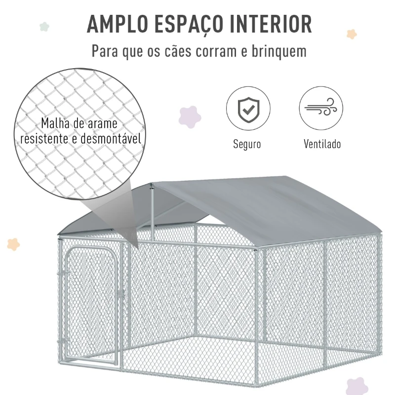 PawHut Canil de Exterior com Toldo Gaiola para Animais de Estimação de Metal Galvanizado com Fechadura para Jardim Pátio 230x230x172cm Prata