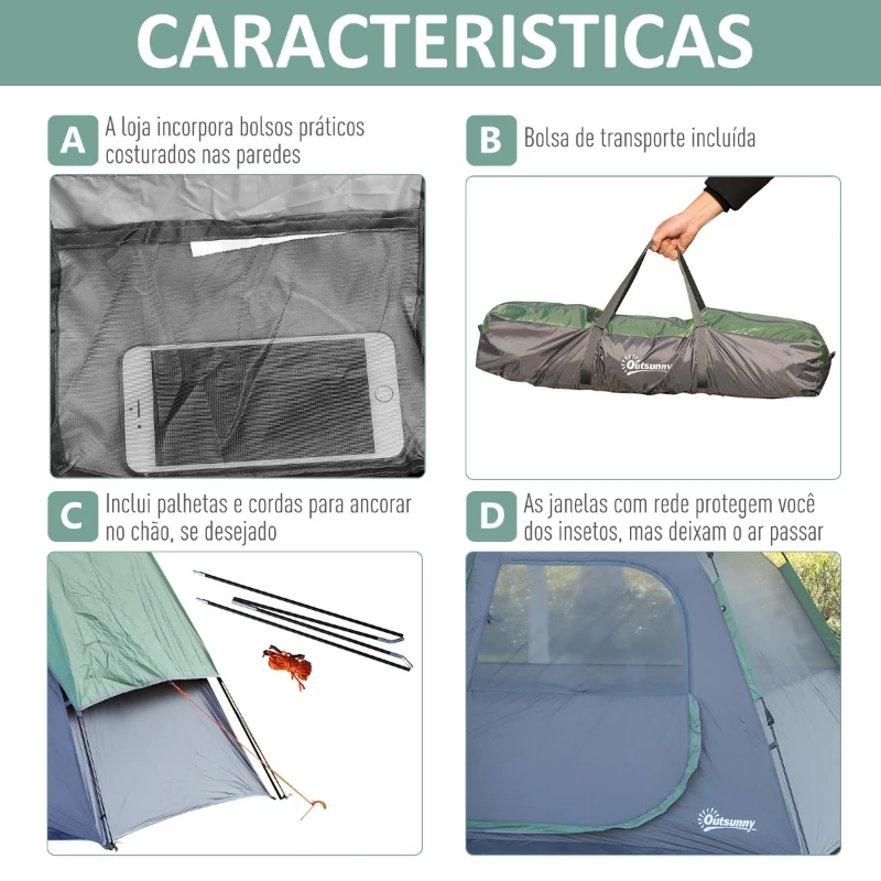 Outsunny Tenda Campismo para 2-3 Pessoas Fácil de Instalar com Gancho para Luz 250x194x160cm Verde