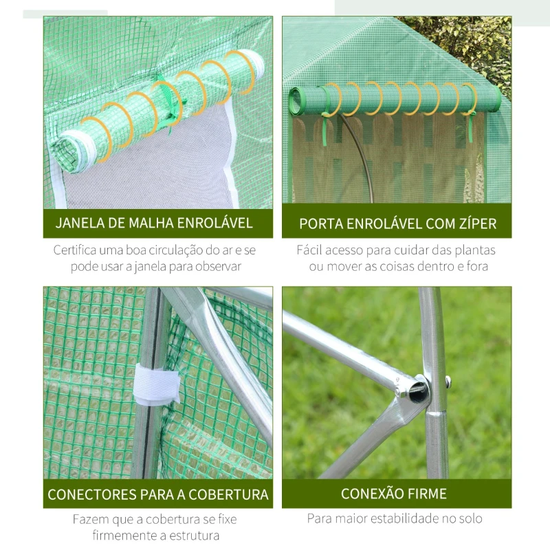 Outsunny Estufa Tipo Túnel 400x200x200cm Estufa de Jardim com 6 Janelas Transpiráveis e Portas Enrolável com Zíper para Cultivo de Plantas e Verduras Verde