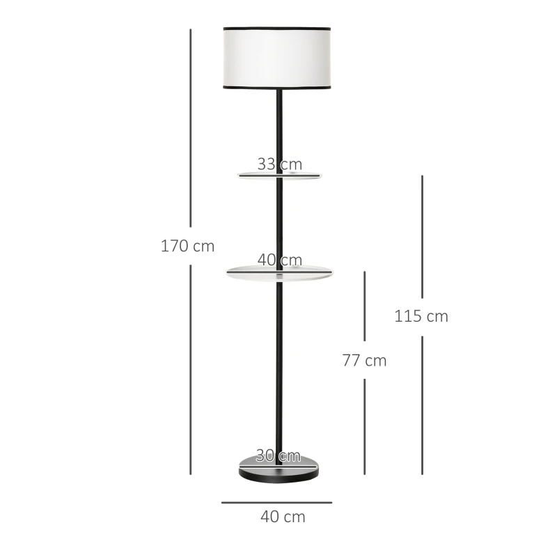 HOMCOM Candeeiro de Pé Moderno com 2 Mesinhas Auxiliares Suporte para Lâmpada E27 Máx. 40W e Interruptor de Pé para Sala de Estar Dormitório Estúdio Ø40x170cm Preto e Branco