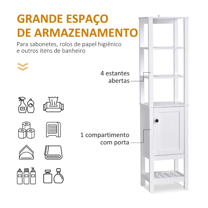 HOMCOM Armário alto para banheiro moderna com 3 prateleiras abertas 1 porta e prateleira inferior 40x30x164 cm Branco