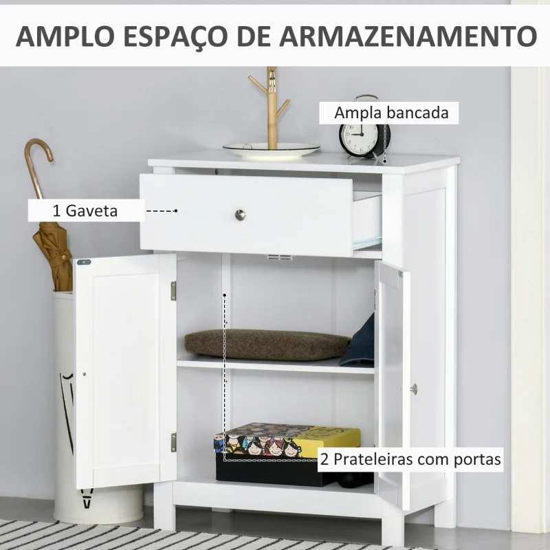 Kleankin Armário de Casa de Banho com 1 Gaveta e Prateleira Interior Ajustável Móvel Auxiliar de Armazenamento Multifuncional para Sala de Estar Cozinha 60x30x80cm Branco