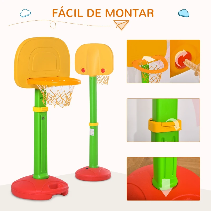 HOMCOM Tabela de Basquetebol Infantil para Crianças acima de 3 anos Altura Ajustável 2 Bolas e Inflador 52,5x44x120-160cm Amarelo Verde Vermelho