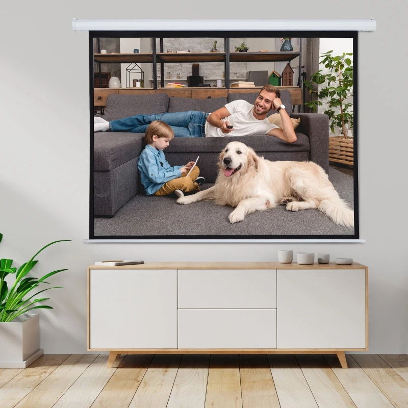 HOMCOM Tela de Projeção Elétrica Portátil Universal 84" 4:3 com Controlo Remoto Suspensa na Parede 171x130 cm Branco