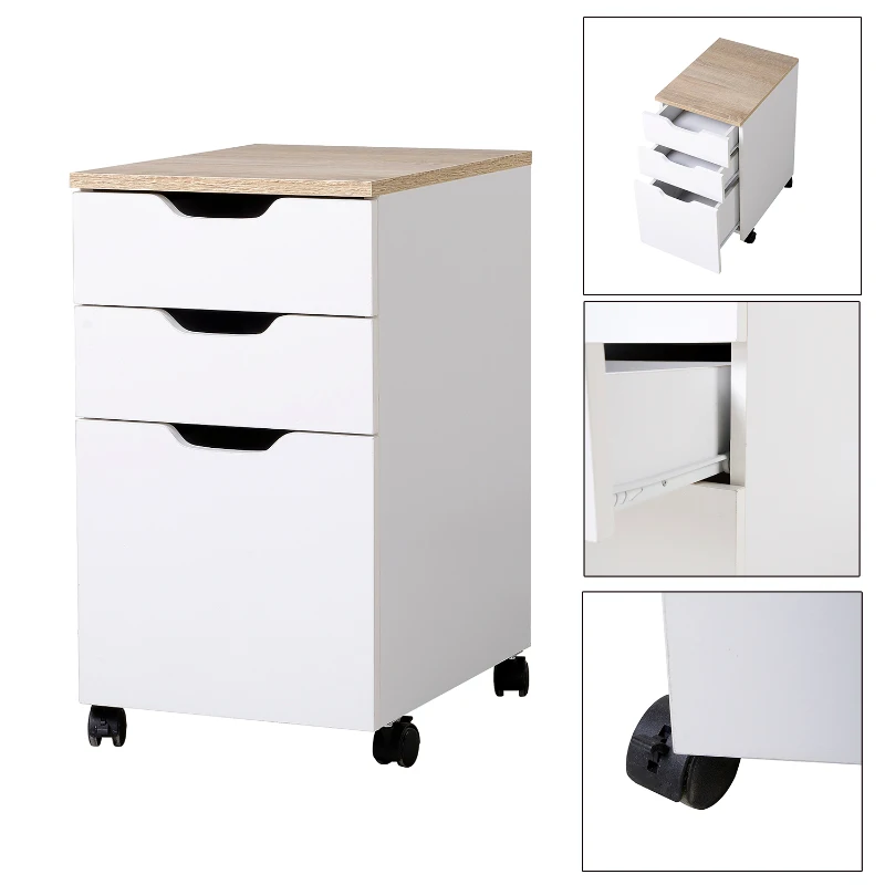 HOMCOM Armário Móvel para Escritório com 3 Gavetas Travão de Rodas Universal para Organizar Documentos 34x40x60,5 cm Branco e Natural