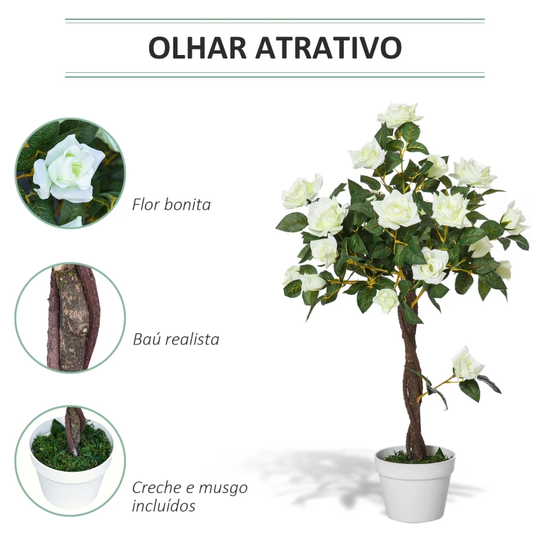 Outsunny Planta artificial de 90 cm Rosa branca realista com 21 flores e 350 folhas Pote de cimento incluído para interior e exterior