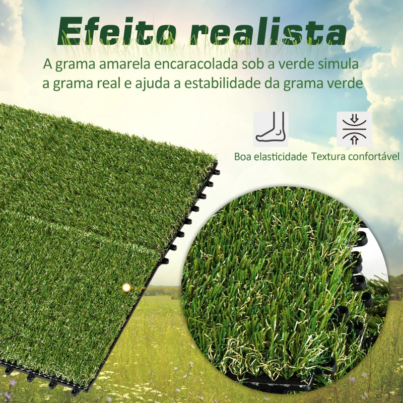 Outsunny Relva Artificial 30x30cm 10 Peças com Altura de 25mm Alta Densidade 11000 Relva Artificial de Encaixe para Exterior Pátio Terraço Verde