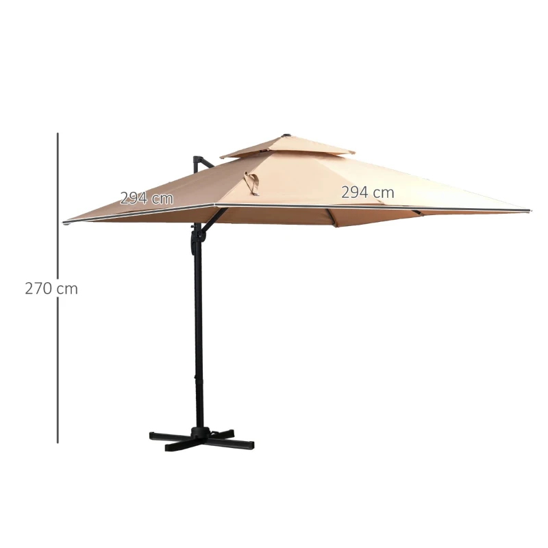 Outsunny Chapéu de Sol Excêntrico 294x294x270cm Chapéu de Sol de Alumínio à Manivela com Mastro Giratório 360º Teto Duplo Inclinável em 6 Posições Areia
