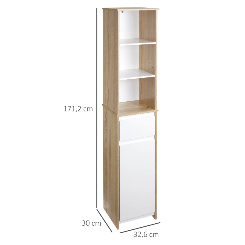 Kleankin Armário de banheiro alto com 1 porta  gaveta e 3 estantes Prateleira ajustável para sala de estar de cozinha 32,6x30x171,2 cm Madeira natural e branco