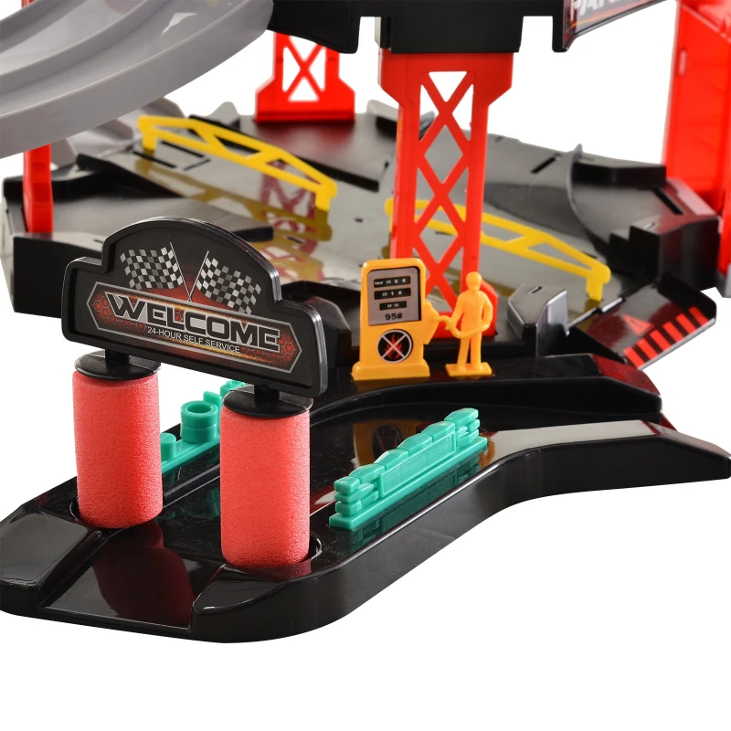 HOMCOM Conjunto Garagem de Estacionamento Infantil para Crianças acima de 3 Anos com 55 Acessórios Incluídos 4 Carros 1 Elevador Funcional Helicóptero 62x52x51 cm Vermelho Preto