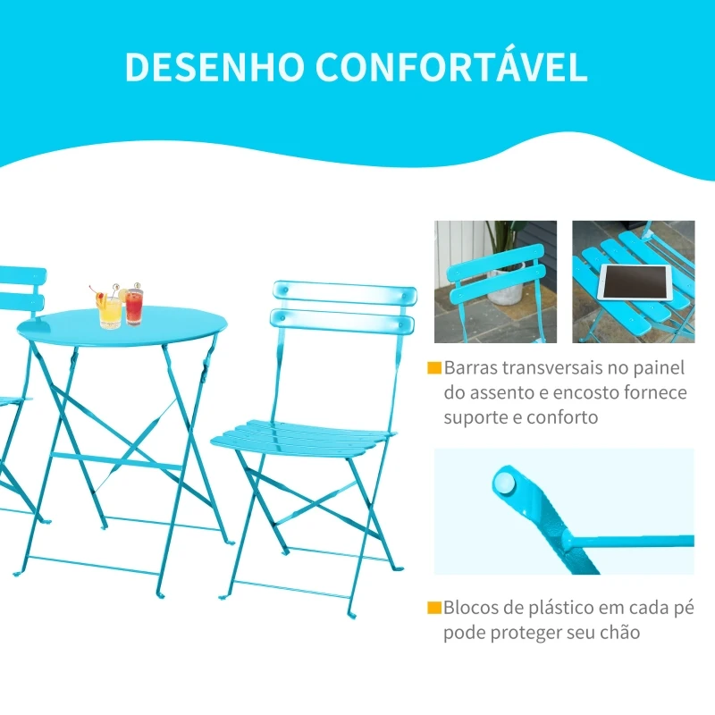 Outsunny Conjunto de móveis de jardim dobrável de 3 peças Mesa de metal e 2 cadeiras para varanda Terraço Exterior Ø60x71 cm azul