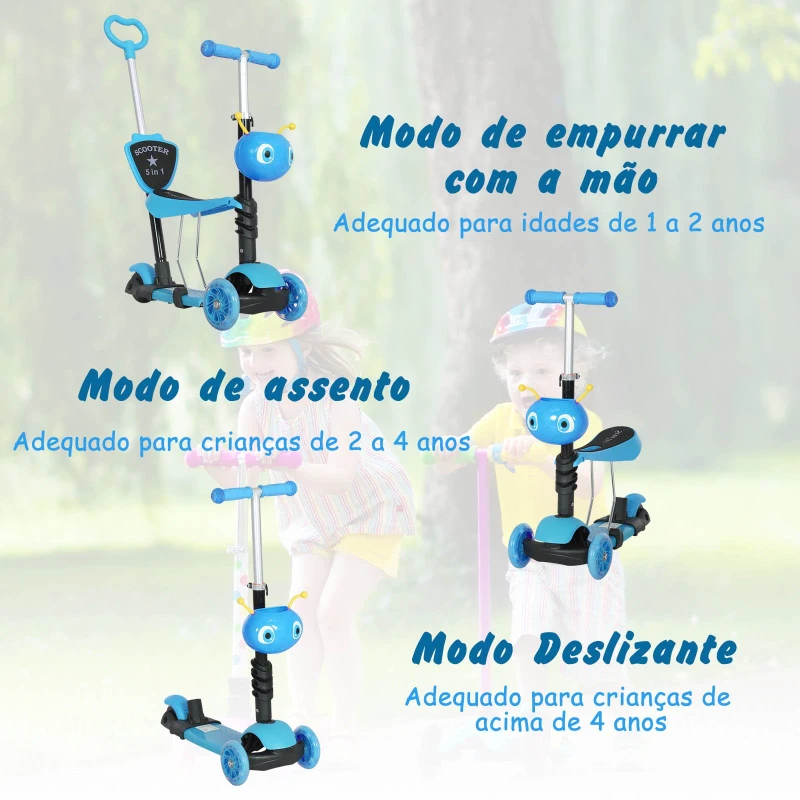 HOMCOM trotinete 5 em 1 para crianças de acima de1 ano trotinete de 3 rodas com assento removível guiador ajustável 62x25x72,5 cm Azul