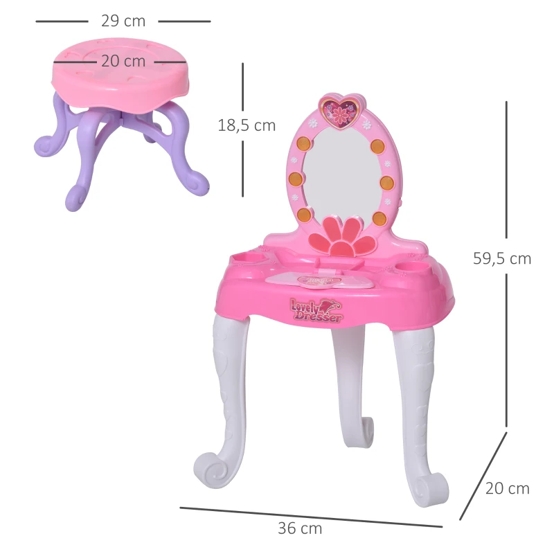 HOMCOM Conjunto de toucador infantil e cadeira de beleza com sons de luzes 35 x 20 x 59,5 cm