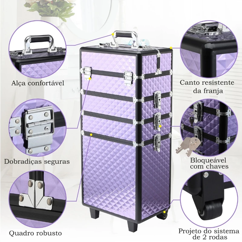 HOMCOM Mala de Maquilhagem Professional com Rodas Universais Diferentes Níveis e Alça Extensível 33,5x23x76-95,5 cm Roxo