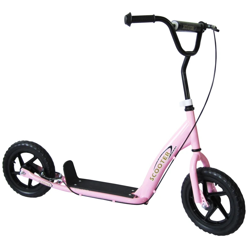HomCom Trotinete para Crianças e Adultos 12 Pulgadas Guiador Ajustável com Travão Carga 100kg 120x52x80-88cm Aço Rosa