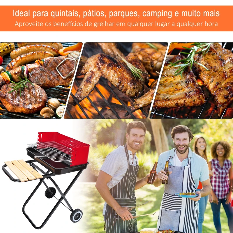 Outsunny Churrasqueira a carvão portátil e dobrável com 2 rodas Altura Ajustável para Camping 57x64x83 cm Vermelho e Preto