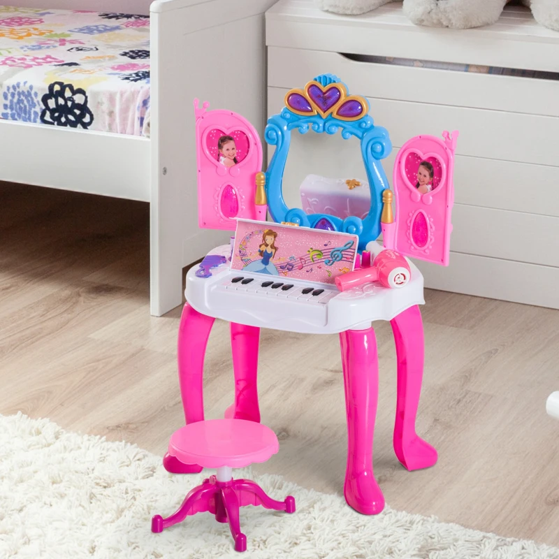 HomCom Mesa de Beleza com Teclado com Banquinho 15 Acessórios Espelho com Controlo Remoto Efeito Luz e Sons 2 em 1