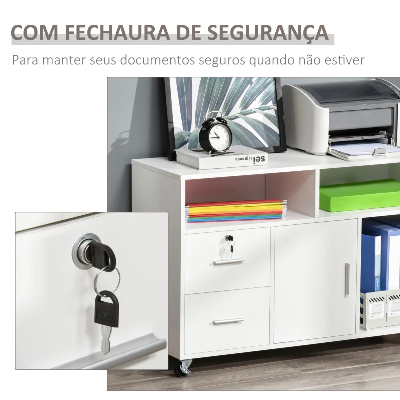 HOMCOM Móvel Auxiliar de Escritório Móvel Arquivador com Rodas Prateleiras Gaveta e Armário Multiuso com Grande Armazenamento 100x35x65cm Branco