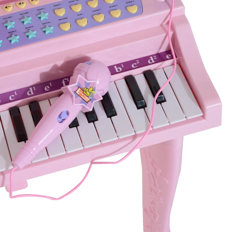 HOMCOM Piano para Crianças com 37 Teclas Microfone Banco Luzes 22 Músicas e Entrada para MP3 e USB 48x39x69 cm Rosa