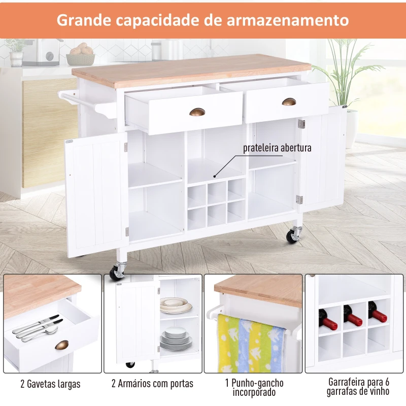 HOMCOM Ilha de Cozinha com Rodas com Gavetas Suporte para Garrafas Armários e Prateleira 113x45x89 cm Branco e Madeira