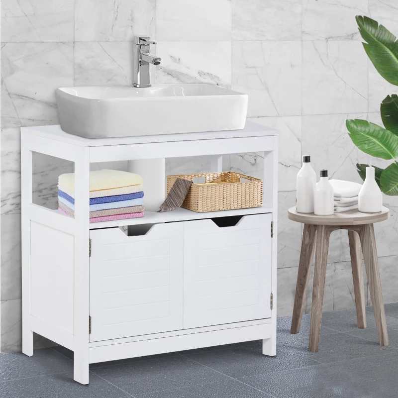 Kleankin Armário Sob Lavatório com Prateleira Anti-Inclinação 60x30x60 cm Branco