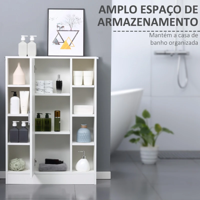 Kleankin Armário Casa de Banho de Madeira com 8 Prateleiras Abertas e 1 Porta com Prateleiras Ajustáveis Móvel Auxiliar Multiuso para Cozinha Sala de Estar 71x22x100cm Branco