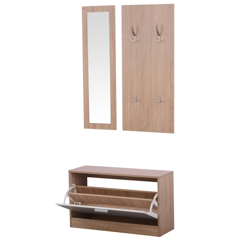 HOMCOM Móvel Cabide de Entrada de 3 Peças Armário de Entrada com Cabide Espelho e Sapateira 80x27x46,5cm Madeira e Branco