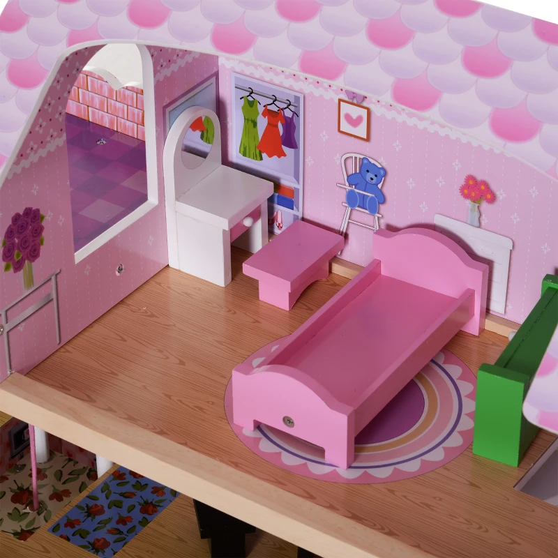 HOMCOM Casa de Bonecas com 13 peças Móveis Mobiliário Casita de Bonecas de Brincar Madeira 3 Pisos 60x30x71.5cm