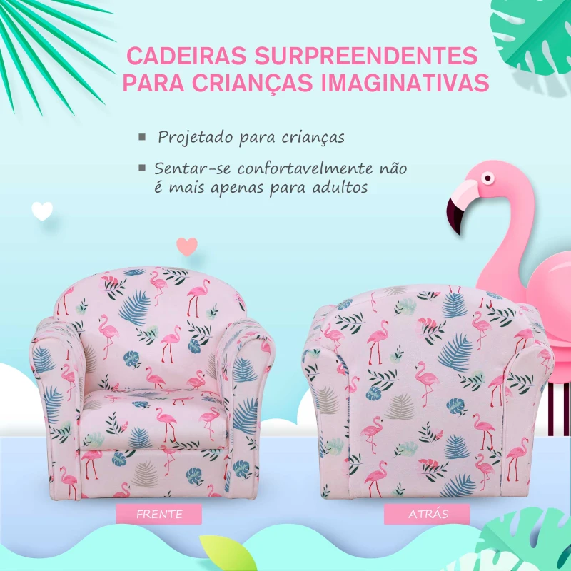 HOMCOM Poltrona para Crianças acima de 3 Anos com Desenhos de Flamingos Estrutura de Madeira e Estofado em Flanela 50x39x44 cm Rosa