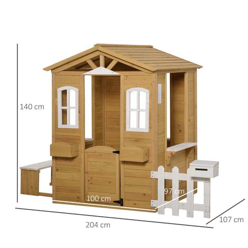 Outsunny Casa infantil para crianças a cima de 3 anos casa para brincar de madeira com caixa de correio banco 204x107x140 cm para exterior interior Cor madeira natural