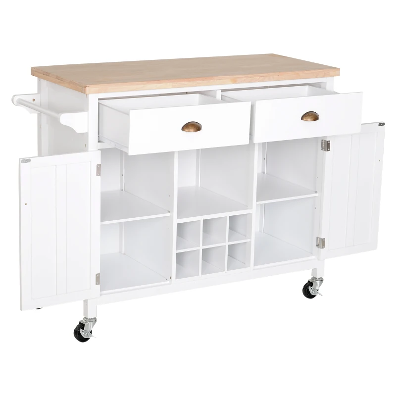 HOMCOM Ilha de Cozinha com Rodas com Gavetas Suporte para Garrafas Armários e Prateleira 113x45x89 cm Branco e Madeira