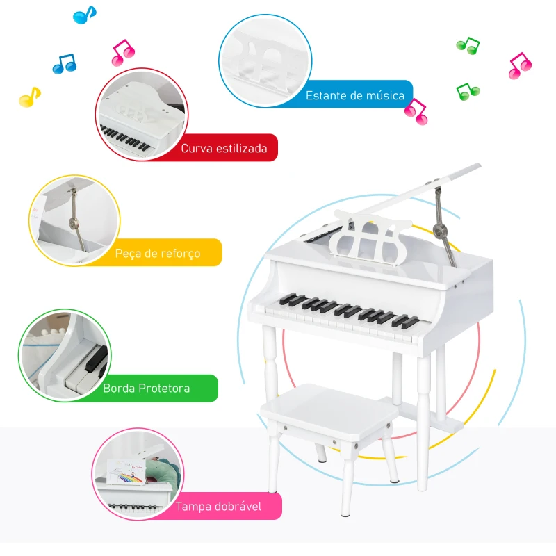HOMCOM Piano de Cauda Infantil com 30 Teclas Banco Suporte de Partituras Piano para Crianças de MDF Instrumento Musical Educativo 52x50x49cm Branco