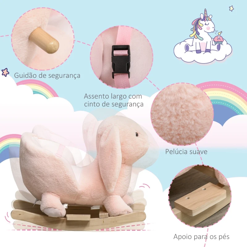 HOMCOM Baloiço Infantil com Forma de Coelho de Pelúcia Baloiço para Bebés 18-36 Meses com Som Cinto de Segurança Guidão e Apoio para os Pés 60x33x50cm Rosa