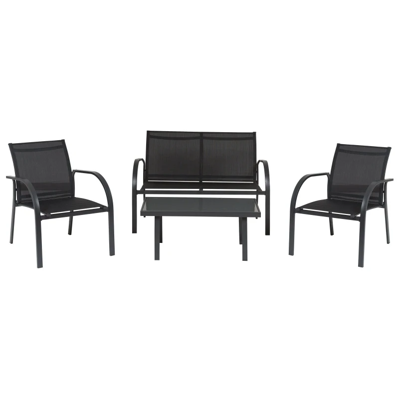 Outsunny Conjunto de móveis de jardim para interior e exterior em aço e vidro Quatro peças: 1 mesa, 2 poltronas e 1 sofá 65x110x78cm Preto
