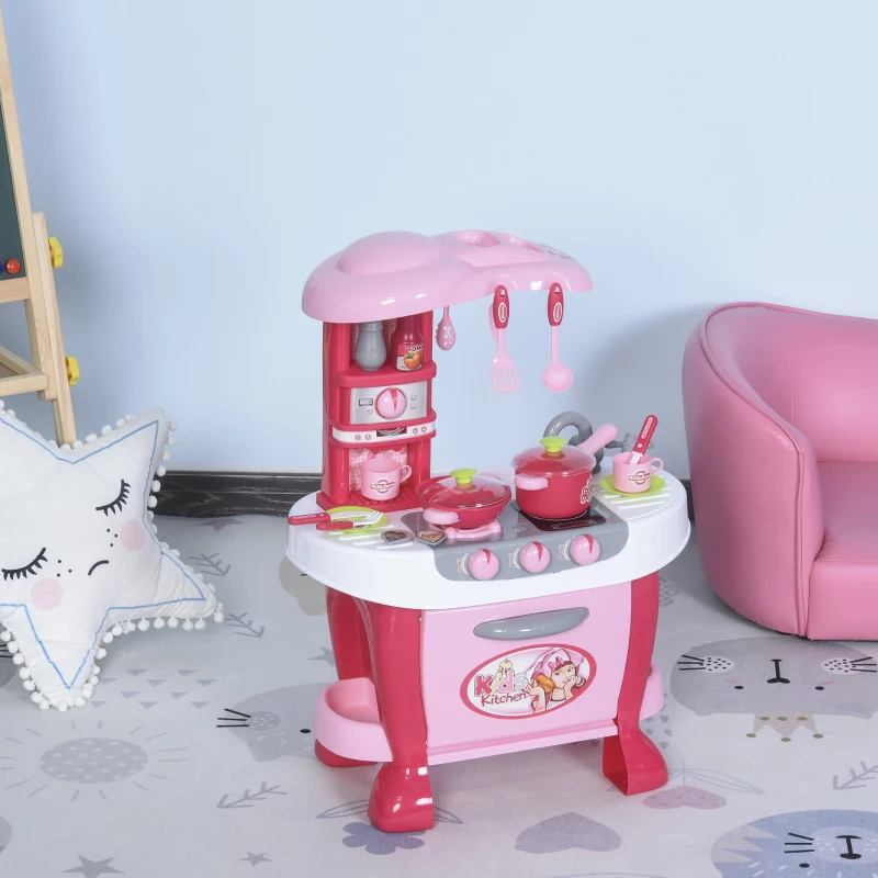 HOMCOM Conjunto de jogo de cozinha para crianças acima de 3 anos Brinquedo de jogos de papéis 38peças com função de luz e som  51 x 30 x 73 cm  rosa