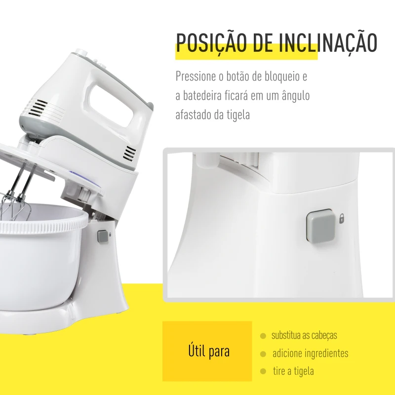 HOMCOM Batedeira de Pastelaria Profissional Multifuncional Robô de Cozinha 3.4 litros com 6 velocidades Inclui 3 cabeças 300 W de aço inoxidável branco