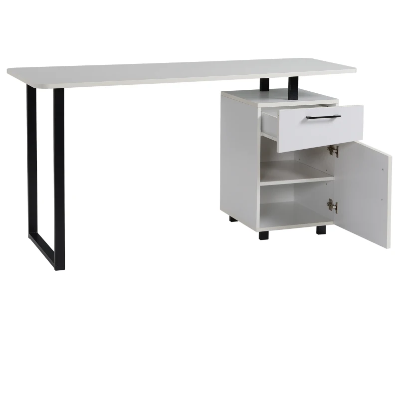 HOMCOM Secretária para escritório com gaveta e armário com prateleira ajustável Mesa multifuncional para computador com borda redonda 150x60x76 cm Branco