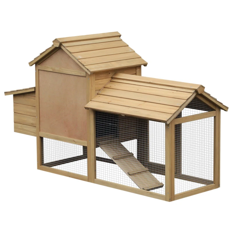 PawHut Galinheiro de Madeira de Abeto para Exterior Gaiola para 2-3 Galinhas com Cercado de Arame Teto Abatível Caixa Ninho Bandeja Removível e Rampa 150,5x54x87cm Natural