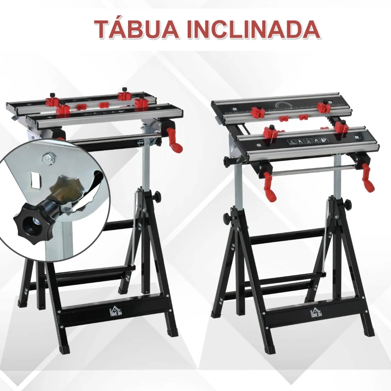 HOMCOM Bancada de trabalho dobrável de altura ajustável placas ajustáveis em largura e distância carga 100 kg 55x50x78,5-108 cm preto e prata